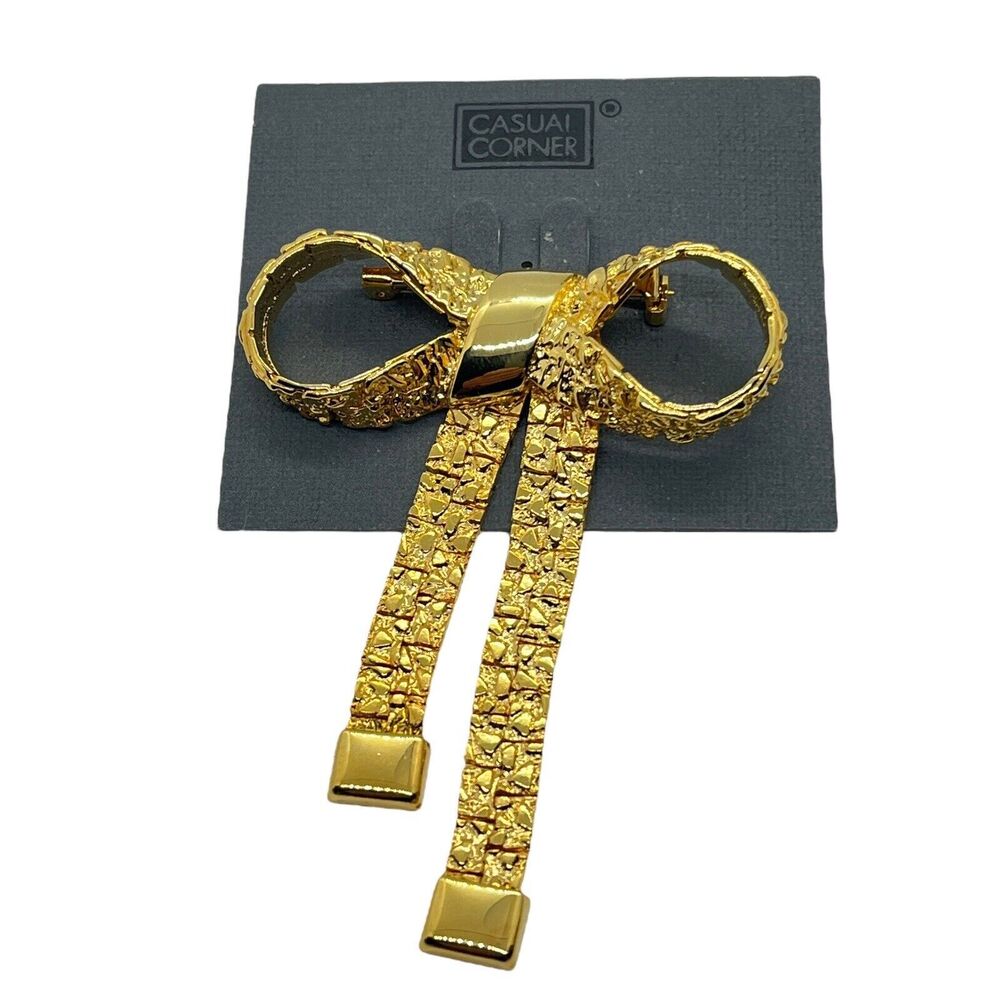 Bow Brooch Pin Textured Gold Tone Articulated 2" Vintage Jewelry Ribbon Dangles